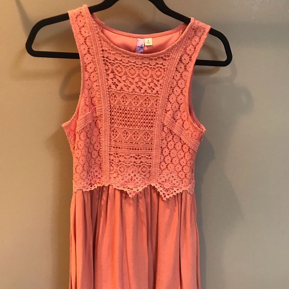Peach colored dress with lace detail